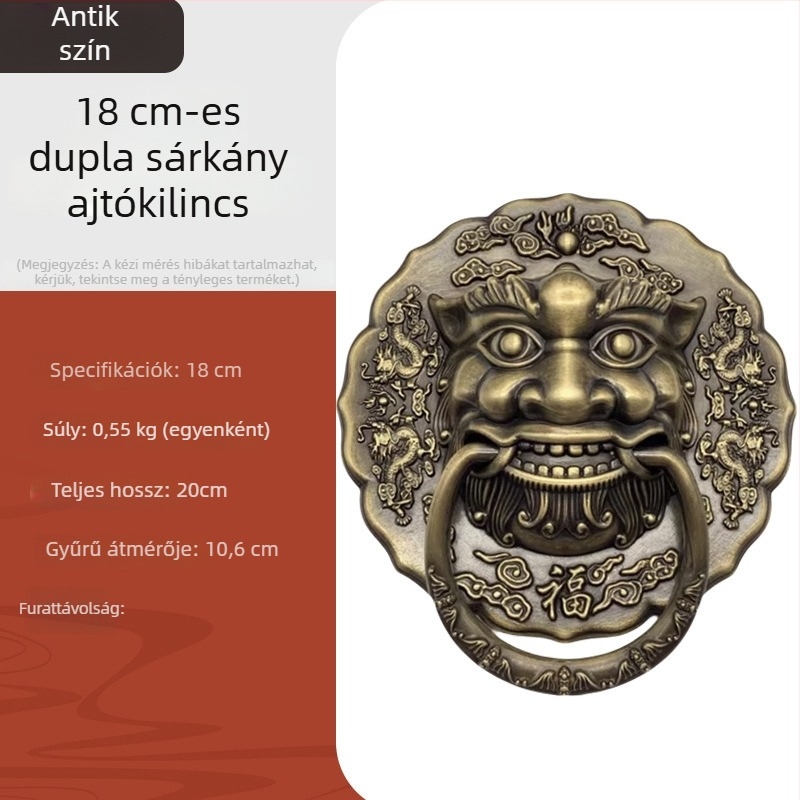 Antik stílusú réz ajtó- és fiókhúzó fogó, két sárkányfej, oroszlánfej és tigrisfej