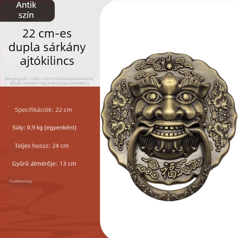 Antik stílusú réz ajtó- és fiókhúzó fogó, két sárkányfej, oroszlánfej és tigrisfej