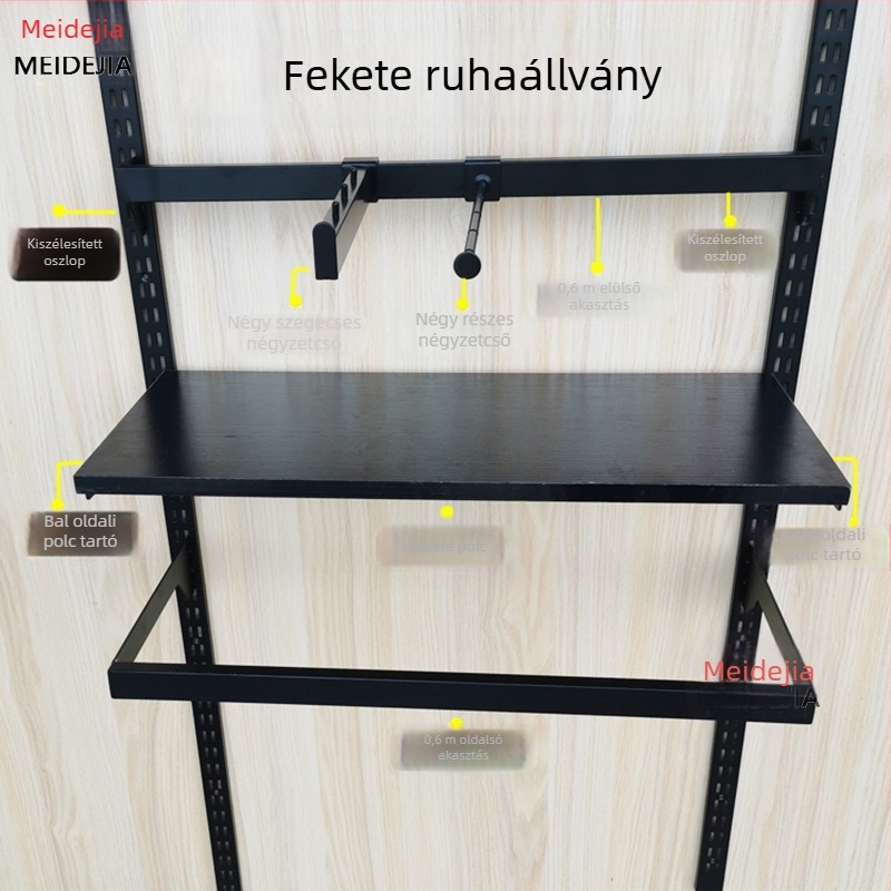 Falihoz szerelhető ruhatároló kijelző állvány vastagabb és szélesebb AA-oszlopokkal, dupla soros tartókkal és létra-stílusú vertikális támasztékkal, fekete/fehér.