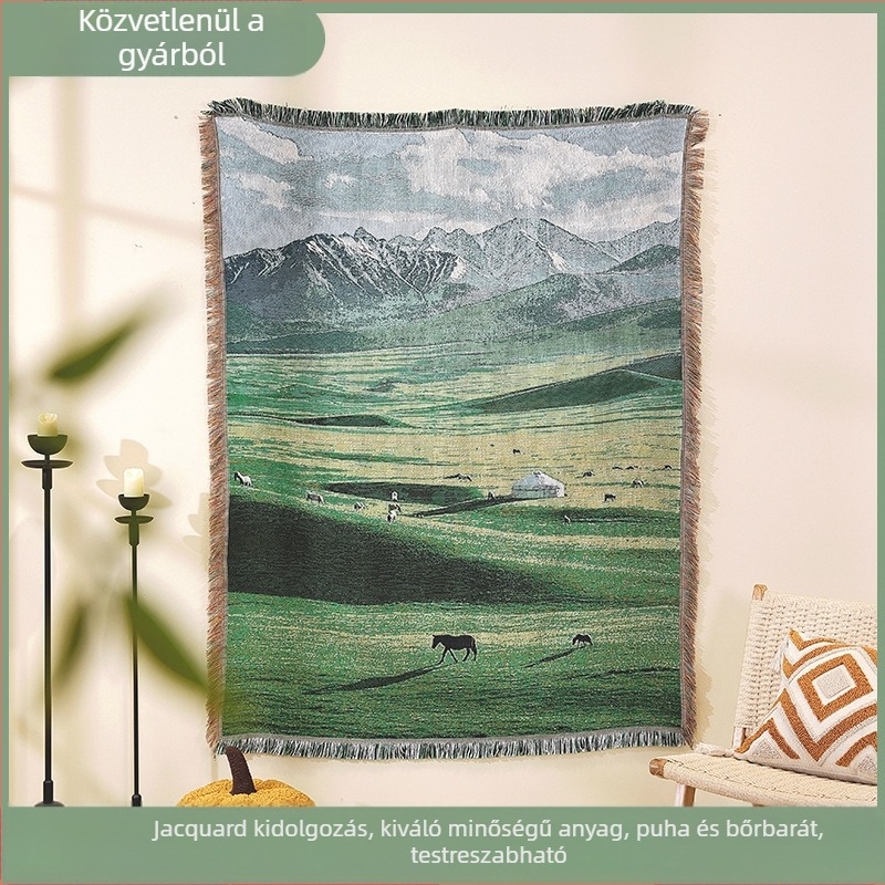 Tájkép mintájú Jacquard gobelin, kültéri kempingezéshez, pléd a kanapéhoz, szőnyeg és terítő