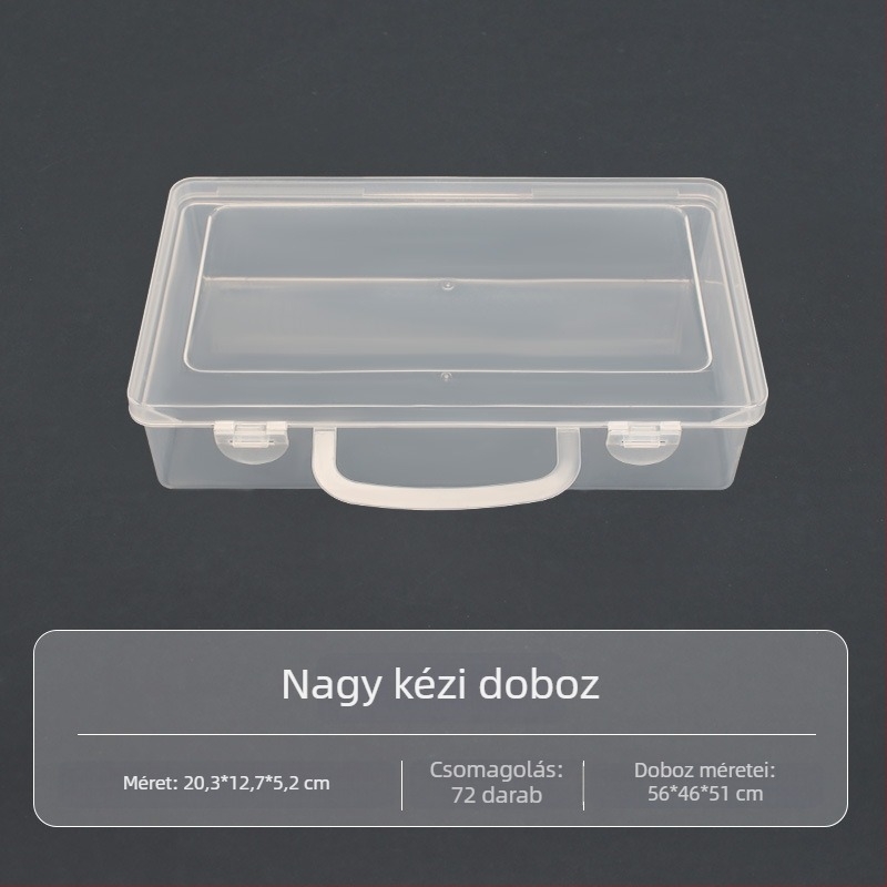 Nagy átlátszó PP műanyag tároló doboz asztali kellékek, szerszámok és horgászfelszerelések tárolására, felnyitható fedéllel