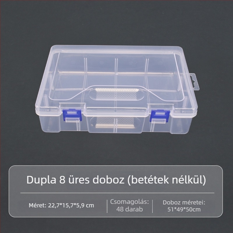 Nagy átlátszó PP műanyag tároló doboz asztali kellékek, szerszámok és horgászfelszerelések tárolására, felnyitható fedéllel