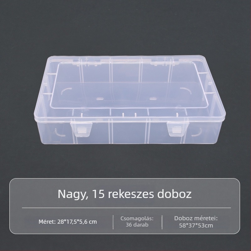 Nagy átlátszó PP műanyag tároló doboz asztali kellékek, szerszámok és horgászfelszerelések tárolására, felnyitható fedéllel