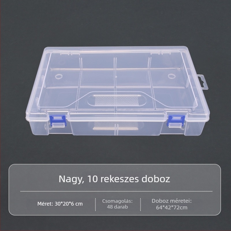 Nagy átlátszó PP műanyag tároló doboz asztali kellékek, szerszámok és horgászfelszerelések tárolására, felnyitható fedéllel
