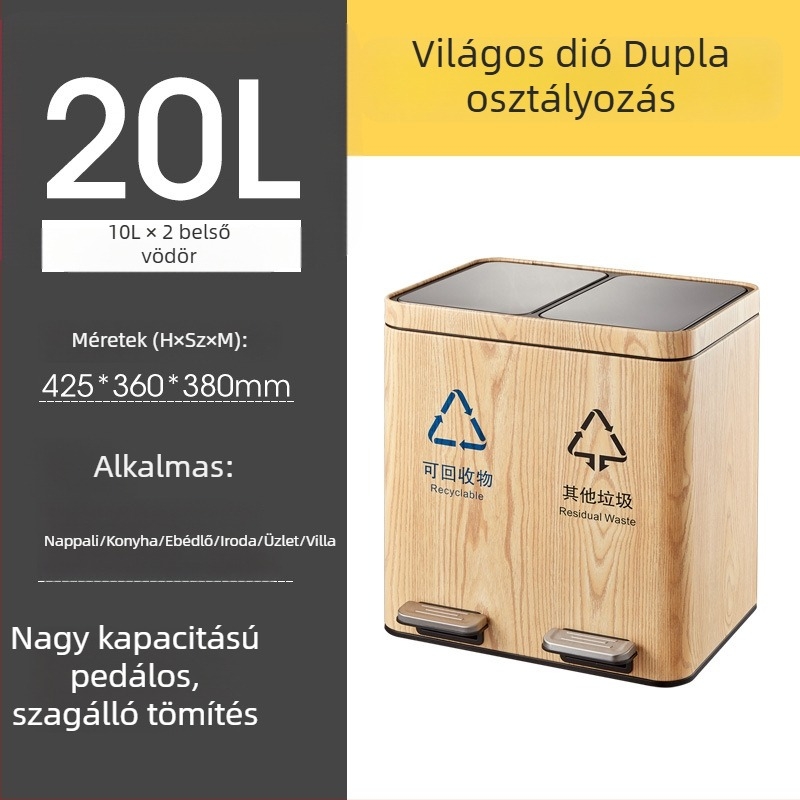 Rozsdamentes acélból készült kettős szemetes fedéllel és pedállal, száraz/nedves elkülönítés, konyhában és nappaliban, kereskedelmi használatra