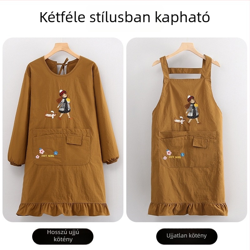 Vízlepergető hosszú ujjú kötény karikatúrás hímzéssel, nőknek, otthoni konyhához