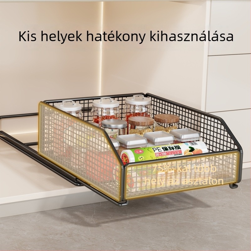 Konyhai kihúzható szekrény- organizer, többfunkciós fiókos tárolópolc nassolnivalók számára, keskeny részek alatt a mosogatónál