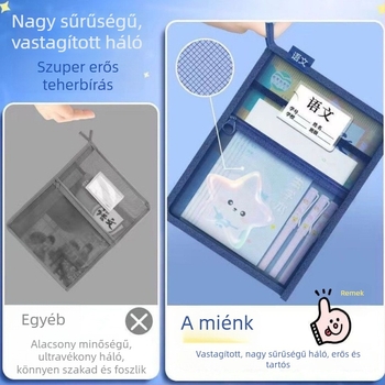 Nylon hálós L-alakú, szélesített dokumentumtároló tantárgyak rendezéséhez, retro színvilággal, cipzárral