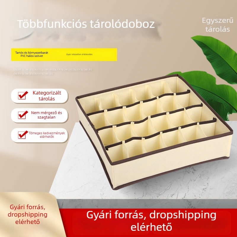 PVC hálózatos anyagú többrekeszes ruhatartó doboz, egyszínű, letisztult dizájn.