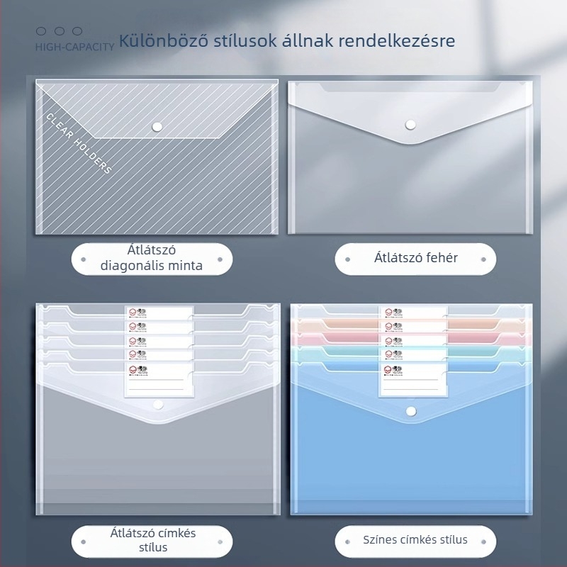Átlátszó műanyag A4-es méretű dosszié, nagy kapacitású, kapcsos zárás, vizsgalevelek és diák dokumentumok tárolására