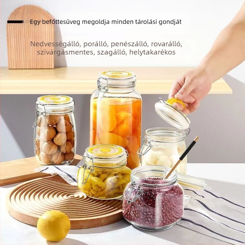 Élelmiszer-minőségű zárható üveg savanyúságok és befőttek számára, kerek tárolóedény
