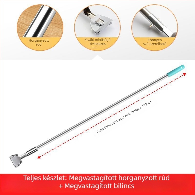 Mop tartozékok: vastagodott egytengelyes rúd, forgó befogó, vas keret, porkeret, mop tartó