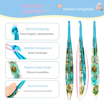 Kristálygyanta virágmintás meghosszabbított horgolótű, kézműves, fémből, egyfejű