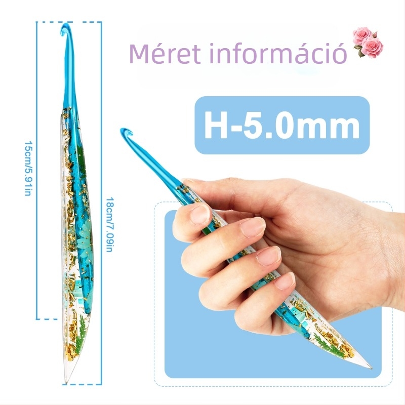 Kristálygyanta virágmintás meghosszabbított horgolótű, kézműves, fémből, egyfejű