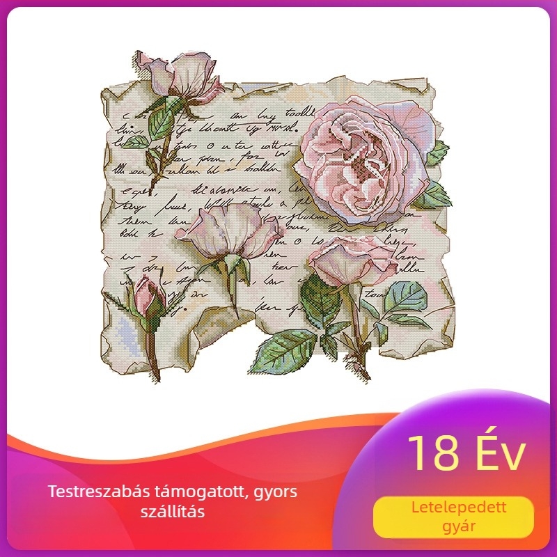 NKF keresztszemes készlet: Rózsás szerelmes levél nappalira, DIY hímzés 11ct fehér vásznon