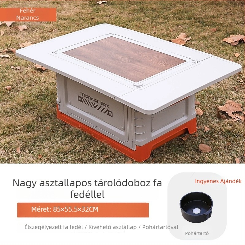 Frissített kemping tároló doboz pohártartóval és kinyitható asztallappal, oldalról nyíló műanyag összecsukható doboz kültéri használatra