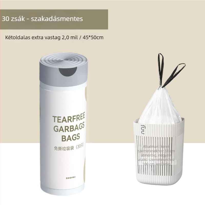 Fekete háztartási szemeteszsák húzózsinórral, vastagított, nagy méretű, irodai használatra