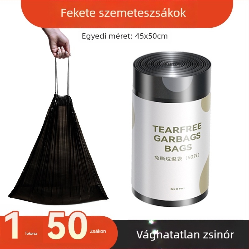 Fekete háztartási szemeteszsák húzózsinórral, vastagított, nagy méretű, irodai használatra