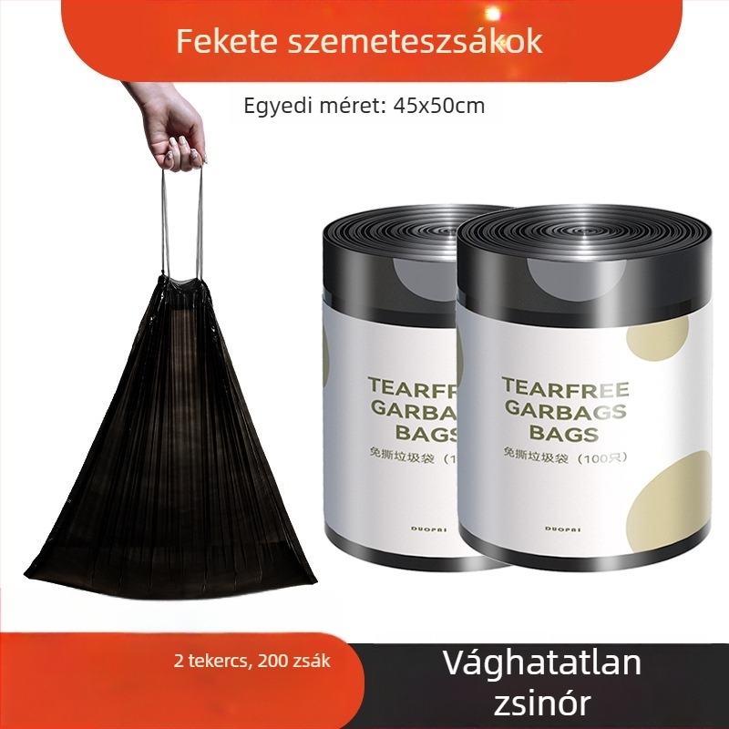 Fekete háztartási szemeteszsák húzózsinórral, vastagított, nagy méretű, irodai használatra
