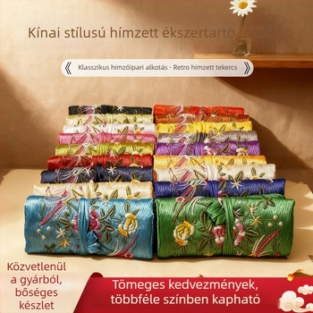 Etno-stílusú hímzett tekercses ékszertáska, satin brokát tároló