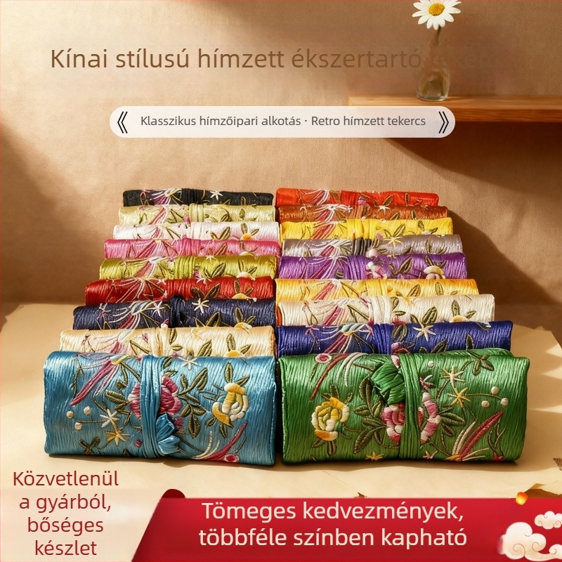 Etno-stílusú hímzett tekercses ékszertáska, satin brokát tároló