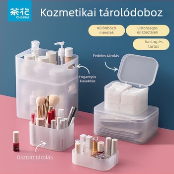 Camellia asztali kozmetikai tároló doboz, fedéllel, rekeszekkel, átlátszó matt műanyagból, rúzs és bőrápolás számára