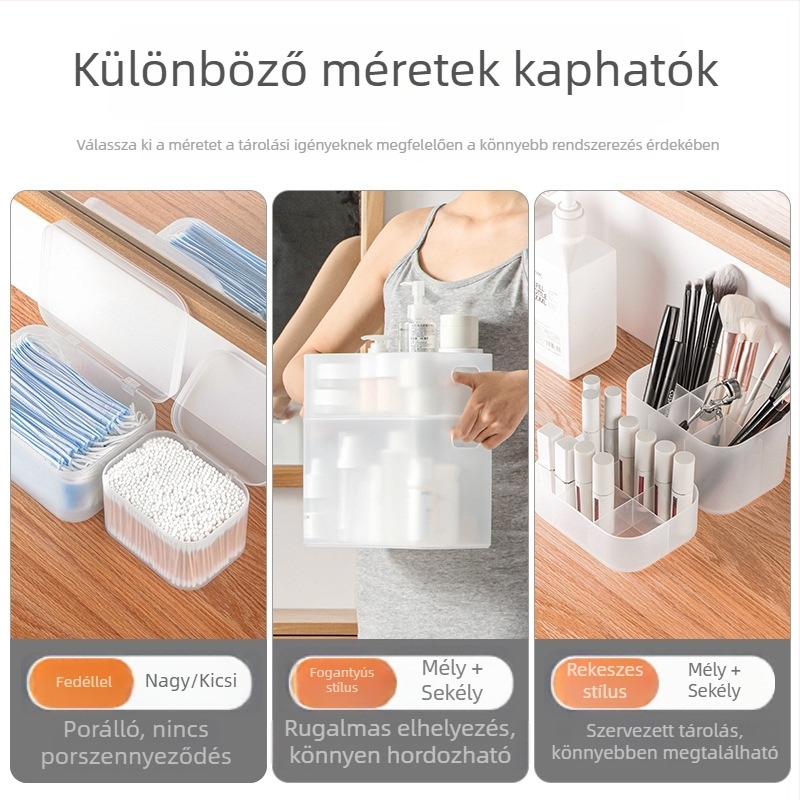 Camellia asztali kozmetikai tároló doboz, fedéllel, rekeszekkel, átlátszó matt műanyagból, rúzs és bőrápolás számára