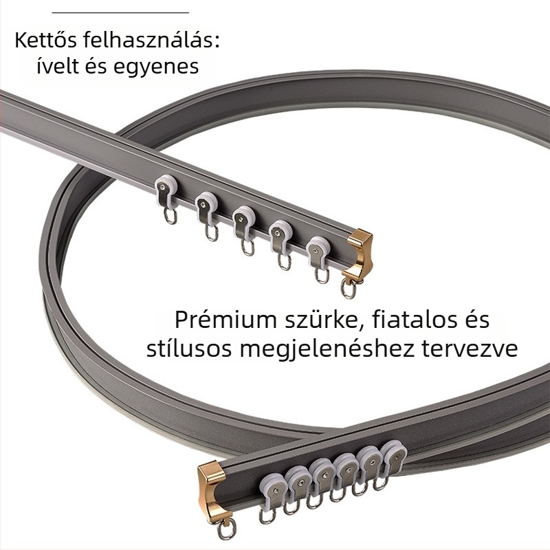 Ívelt függönycsatorna, kettős- és egysínű rendszerrel, bárablak- és erkélyhez, alumínium ötvözet vezetősín, felső és oldalsó montázsú római rúd