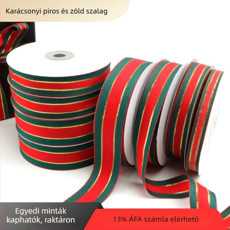 Karácsonyi szalag ajándékcsomagoláshoz kézzel készített masnival, piros, zöld és arany
