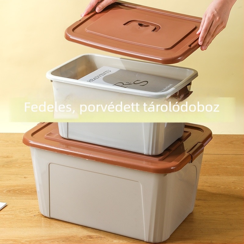 PP tárolóbox fogantyúval, erős kivitelben, ruhák és egyéb holmik tárolására, porálló, modern minimalist stílus