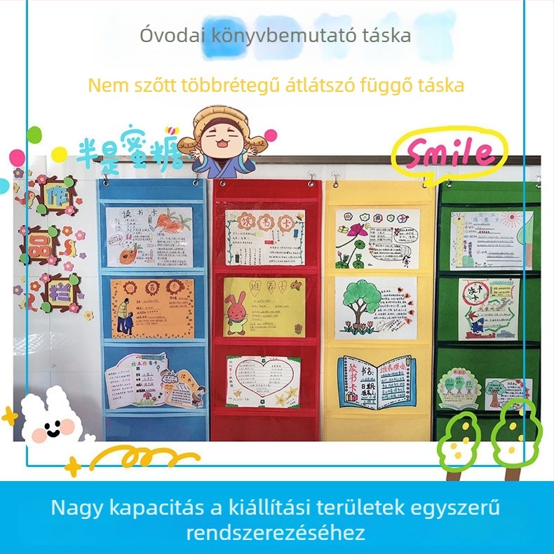 Új filcből készült tároló- és kiállító tasak oklevelekhez és rajzokhoz, falra akasztható, A4 méret, iskolai kellékek
