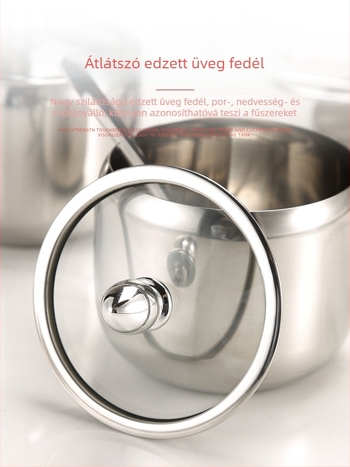 Rozsdamentes acélból készült fűszeresüveg-készlet a konyhához: só- és cukortartó, chili- és száraz fűszerek tárolására
