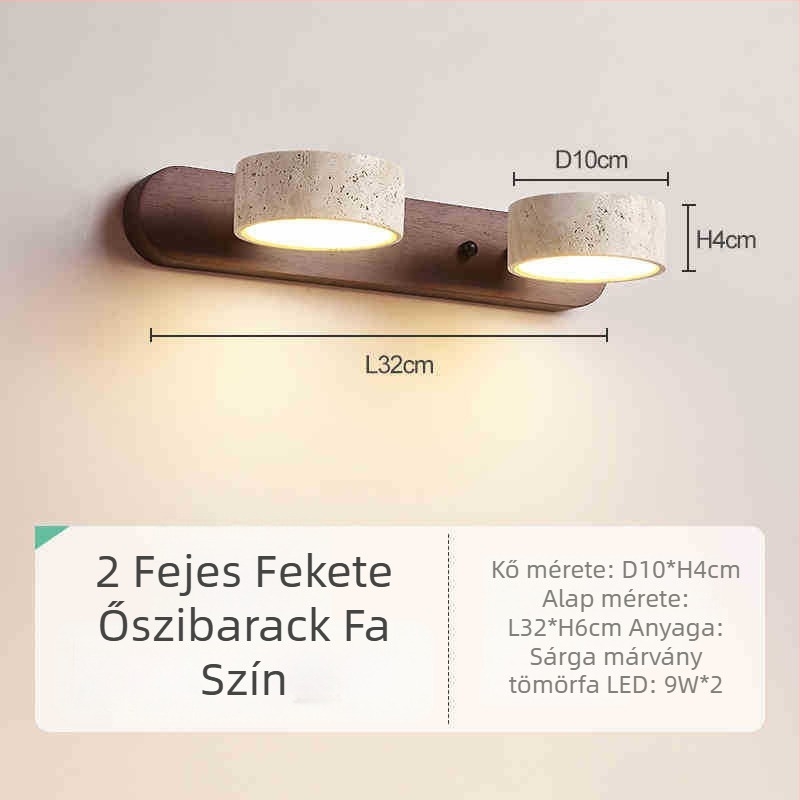 Retro stílusú fali lámpa diófa testtel és sárga travertin árnyékolóval, tökéletes sminkasztalhoz és fürdőszobai tükörhöz
