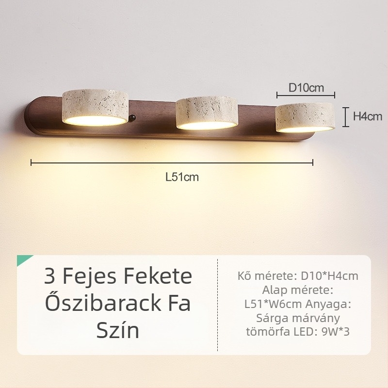 Retro stílusú fali lámpa diófa testtel és sárga travertin árnyékolóval, tökéletes sminkasztalhoz és fürdőszobai tükörhöz