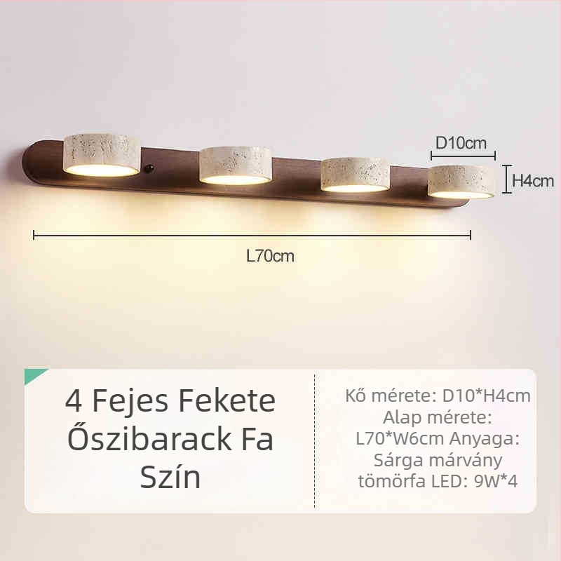 Retro stílusú fali lámpa diófa testtel és sárga travertin árnyékolóval, tökéletes sminkasztalhoz és fürdőszobai tükörhöz