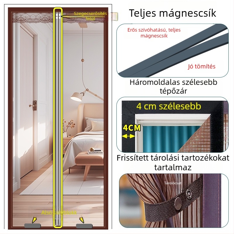 Új modell magnetos szalaggal ellátott szúnyogháló ajtófüggöny – gyémánt mintázatú hálóval, nyárra otthonra, elérhető különböző méretekben, kiváló minőség, mágneses zárás, csendes működés.
