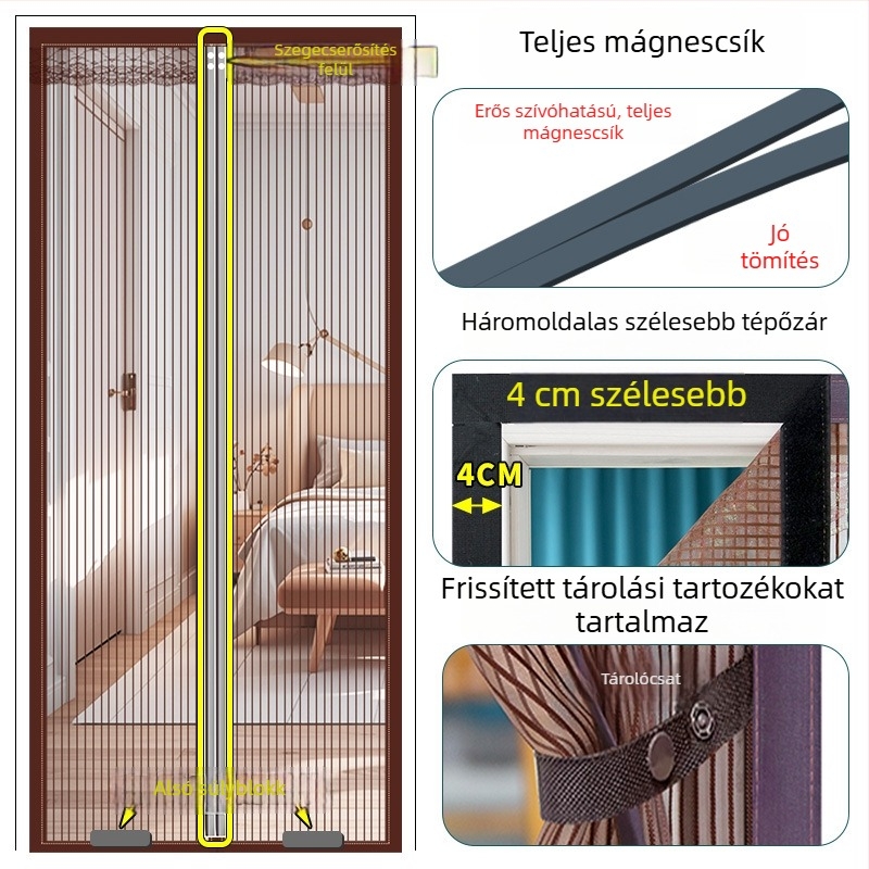 Új modell magnetos szalaggal ellátott szúnyogháló ajtófüggöny – gyémánt mintázatú hálóval, nyárra otthonra, elérhető különböző méretekben, kiváló minőség, mágneses zárás, csendes működés.