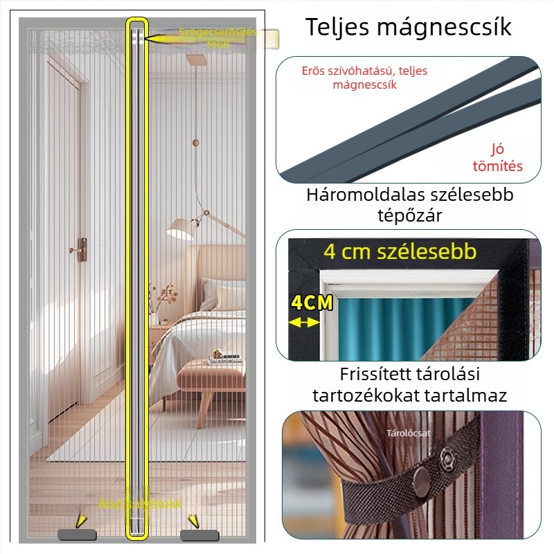 Új modell magnetos szalaggal ellátott szúnyogháló ajtófüggöny – gyémánt mintázatú hálóval, nyárra otthonra, elérhető különböző méretekben, kiváló minőség, mágneses zárás, csendes működés.