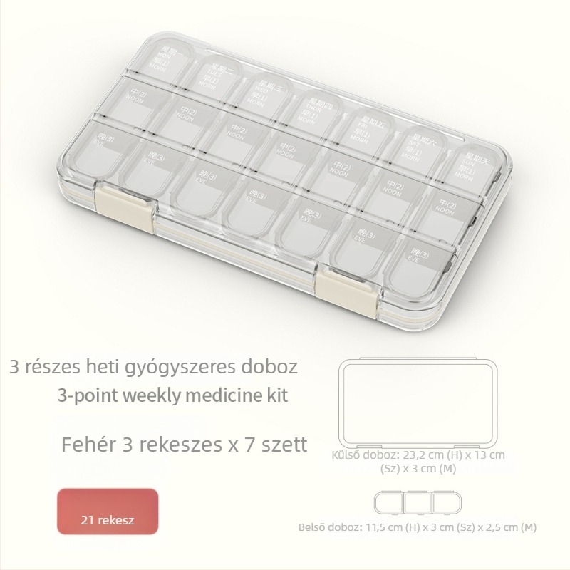 Zárt gyógyszeres doboz 21/28 rekeszhez, nagy kapacitású, hordozható rendező fedéllel