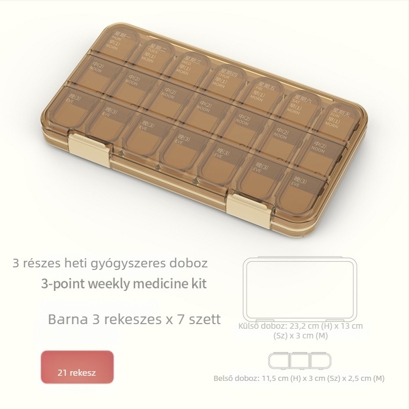 Zárt gyógyszeres doboz 21/28 rekeszhez, nagy kapacitású, hordozható rendező fedéllel