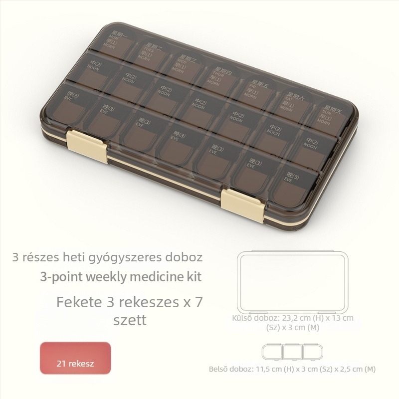Zárt gyógyszeres doboz 21/28 rekeszhez, nagy kapacitású, hordozható rendező fedéllel