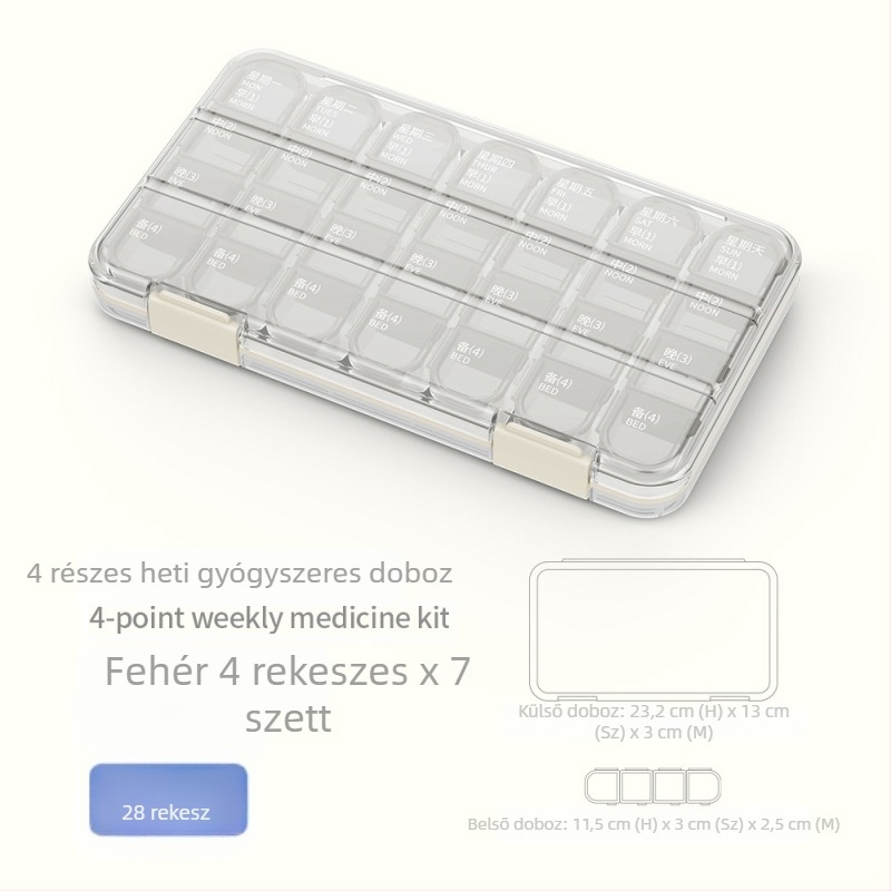 Zárt gyógyszeres doboz 21/28 rekeszhez, nagy kapacitású, hordozható rendező fedéllel