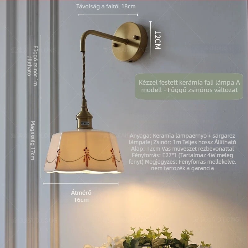 Kerámiából készült falikar Zen stílusban, hálószoba és folyosóhoz, húzós kapcsolóval, LED világítással