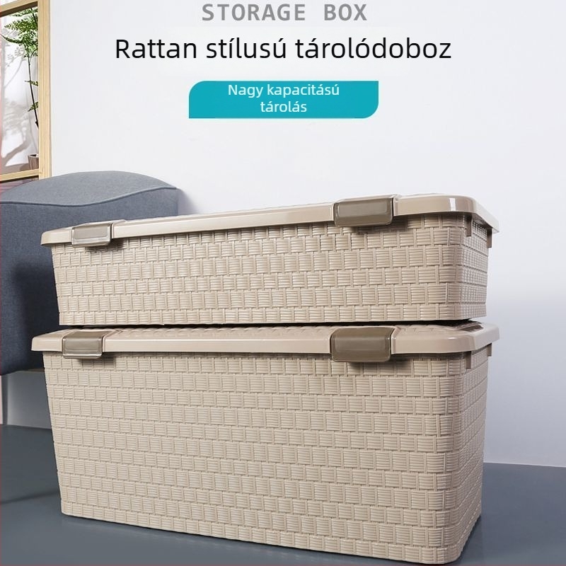 Műanyag tároló doboz nagy kapacitású, háztartási használatra, játékok és ruhák tárolására, fedéllel, az ágy alatt tárolható