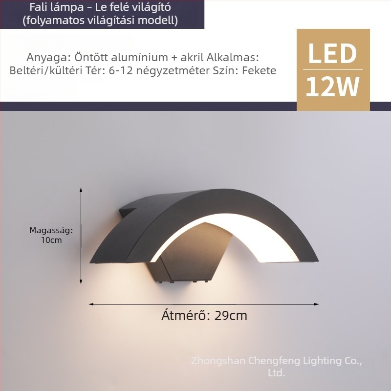 Kültéri vízálló falikar hold alakú ívvel az udvarra, kertbe és erkélyre; alumínium ház, IP65, 30 LED, 3000K melegfehér, 220V