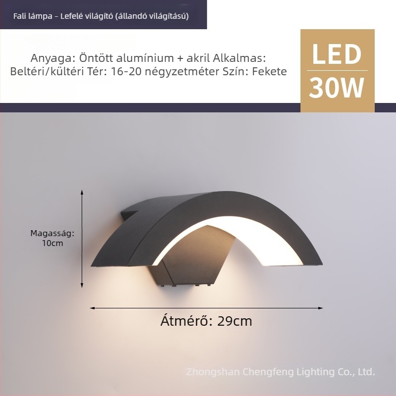 Kültéri vízálló falikar hold alakú ívvel az udvarra, kertbe és erkélyre; alumínium ház, IP65, 30 LED, 3000K melegfehér, 220V