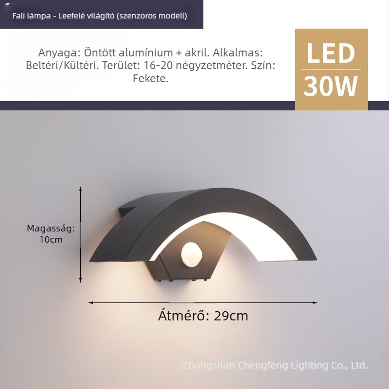 Kültéri vízálló falikar hold alakú ívvel az udvarra, kertbe és erkélyre; alumínium ház, IP65, 30 LED, 3000K melegfehér, 220V