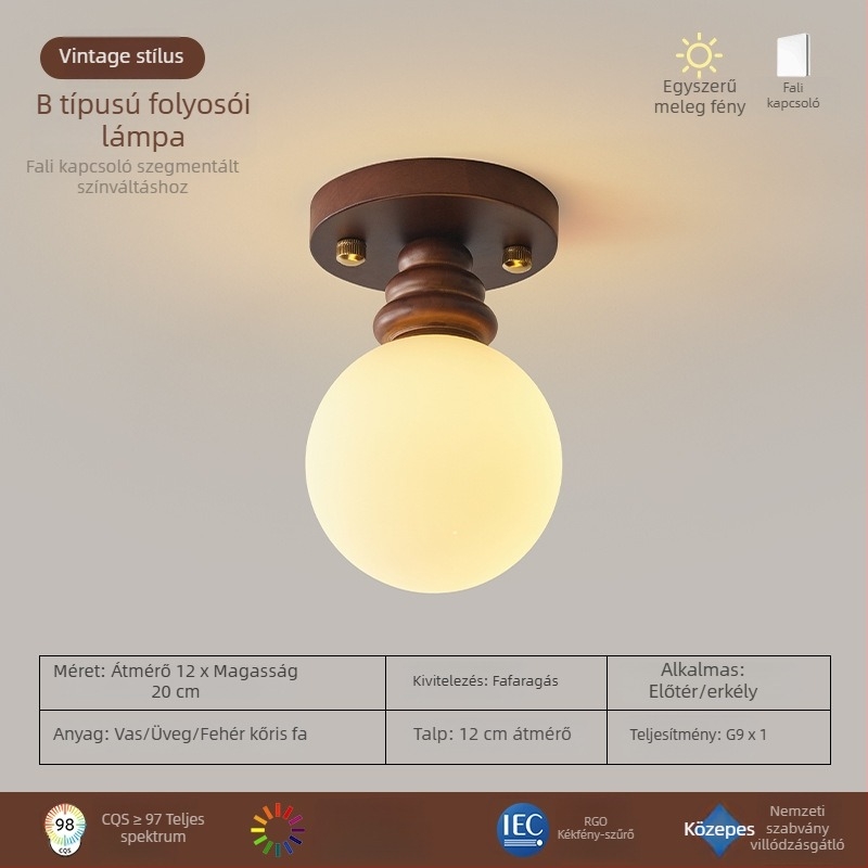 Dióbarna fa mennyezeti lámpa folyosóra, előszobába, erkélyre és gardróbba — retro stílus