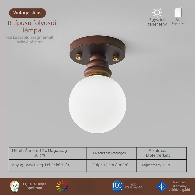Dióbarna fa mennyezeti lámpa folyosóra, előszobába, erkélyre és gardróbba — retro stílus