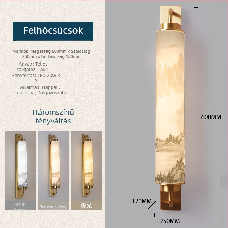 Új kínai stílusú, teljesen réz falilámpa, Zen ihletésű, tea szobába, nappaliba, az ágy mellé és a folyosóra